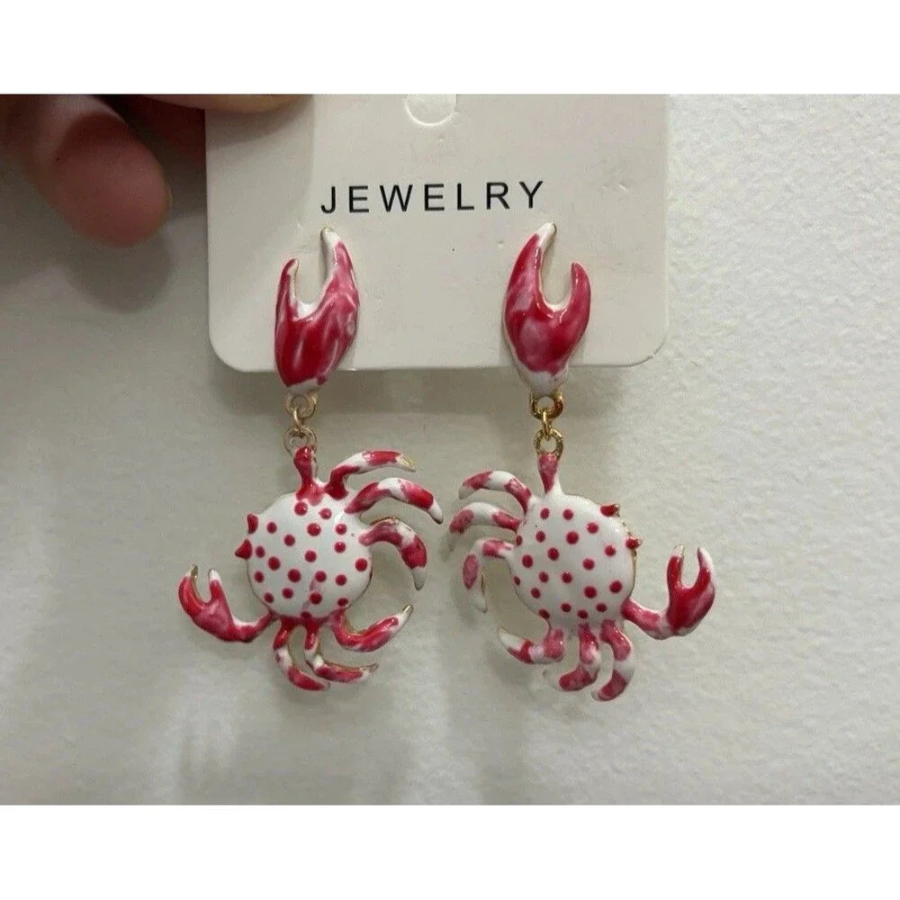 Pink White Polka Dot Ocean Crab Dangle Earrings Enamel Beach Jewelry NEW